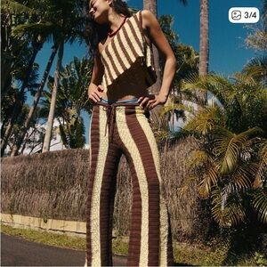 Free-est Free People brown cream striped Joan faux Chet pants tank set New